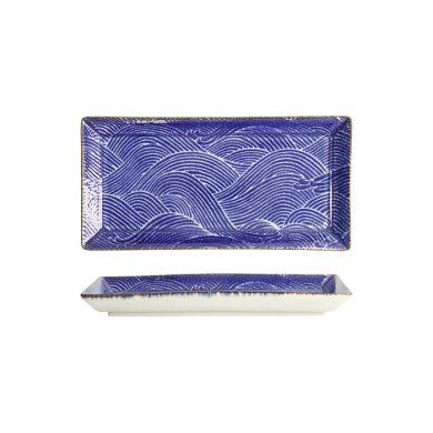 Tokyo Design Studio Sushi Plate Seigaiha Blue/Brown, Porcelain, 23 × 11.5 cm