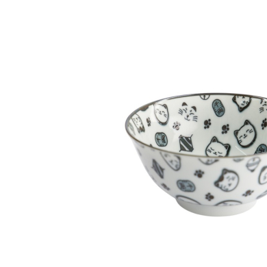Rice Bowl Kawaii Lucky Cat Neko Black (White/Black), Porcelain, Ø 14.8 × 7 cm, 500 ml, Item No. 15426