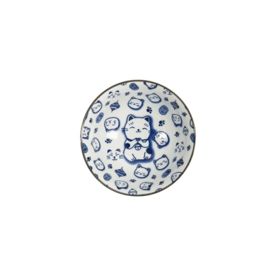 Rice Bowl Kawaii Lucky Cat Neko Blue (White/Blue), Porcelain, Ø 14.8 × 7 cm, 500 ml, Item No. 15427