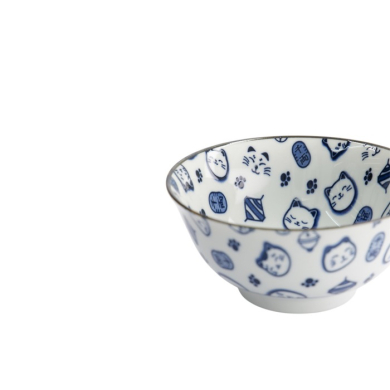 Rice Bowl Kawaii Lucky Cat Neko Blue (White/Blue), Porcelain, Ø 14.8 × 7 cm, 500 ml, Item No. 15427