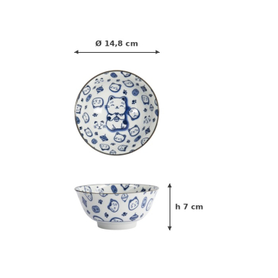 Rice Bowl Kawaii Lucky Cat Neko Blue (White/Blue), Porcelain, Ø 14.8 × 7 cm, 500 ml, Item No. 15427