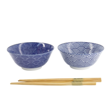 Tayo Bowl Set Nippon Blue Dots & Waves Blue/White, Porcelain, Ø 15.2 × 6.7 cm, 500 ml, Item No. 16041