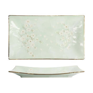 Tokyo Design Studio Serving Plate Green Cosmos, Stoneware, 33.2 × 19.3 × 2.2 cm