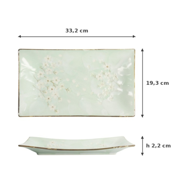 Serving Plate Green Cosmos, Stoneware, 33.2 × 19.3 × 2.2 cm, Item No. 16508