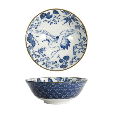 Tokyo Design Studio Nudelschale Flora Japonica Crane Weiß/Blau, Porzellan, Ø 20,3 × 8 cm, 1 l