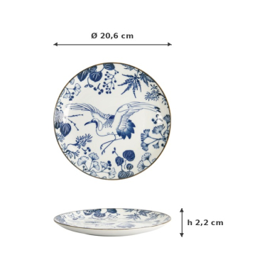 Plate Flora Japonica Crane Blue/White, Porcelain, Ø 20.6 × 2.2 cm, Item No. 16718