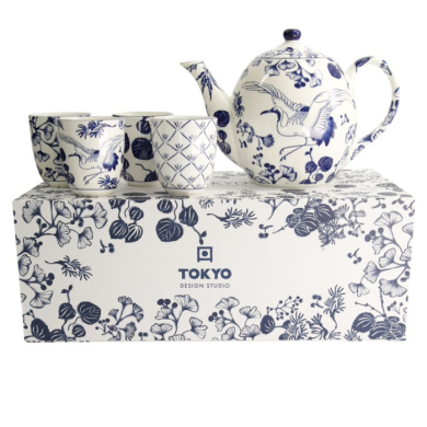 Tokyo Design Studio Teapot with 4 Tea Cups Flora Japonica Blue/White, 5 pcs., Porcelain, 1.3 l