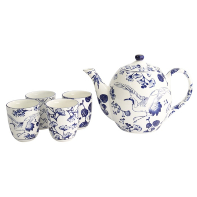 Teapot with 4 Tea Cups Flora Japonica Blue/White, 5 pcs., Porcelain, 1.3 l, Item No. 16733