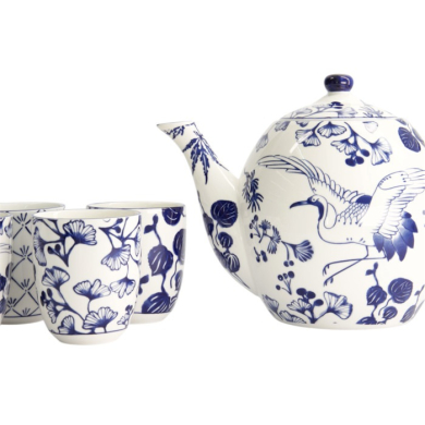 Teapot with 4 Tea Cups Flora Japonica Blue/White, 5 pcs., Porcelain, 1.3 l, Item No. 16733
