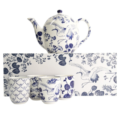Teapot with 4 Tea Cups Flora Japonica Blue/White, 5 pcs., Porcelain, 1.3 l, Item No. 16733