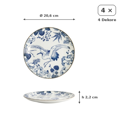 Plate Set Flora Japonica Blue/White in a gift box, 4 pcs., Porcelain, Ø 20.6 × 2.2 cm, Item No. 16852