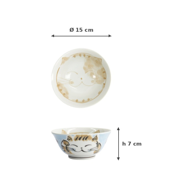 Rice Bowl Fuku Cat Neko Kawaii Blue, Porcelain, Ø 15 × 7 cm, 500 ml, Item No. 16899