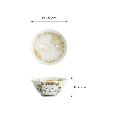 Rice Bowl Fuku Cat Neko Kawaii Green, Porcelain, Ø 15 × 7 cm, 500 ml, Item No. 16901