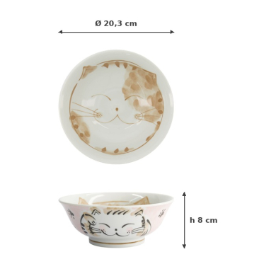 Rice Bowl Fuku Cat Neko Kawaii Pink, Porcelain, Ø 20.3 × 8 cm, 1 l, Item No. 16902