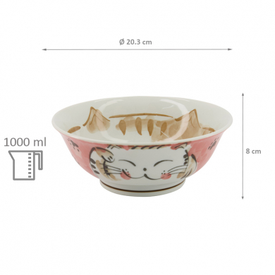 TDS, Rice Bowl, Kawaii Fuku Cat Neko, Red, Ø 20.3x8cm 1000ml, Item No. 16904