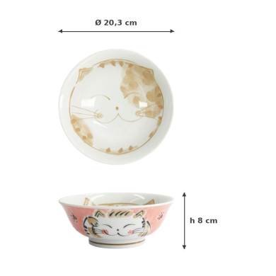 Rice Bowl Fuku Cat Neko Kawaii Red, Porcelain, Ø 20.3 × 8 cm, 1 l, Item No. 16904