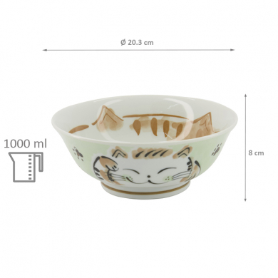 TDS, Rice Bowl, Kawaii Fuku Cat Neko, Green, Ø 20.3x8cm 1000ml, Item No. 16905