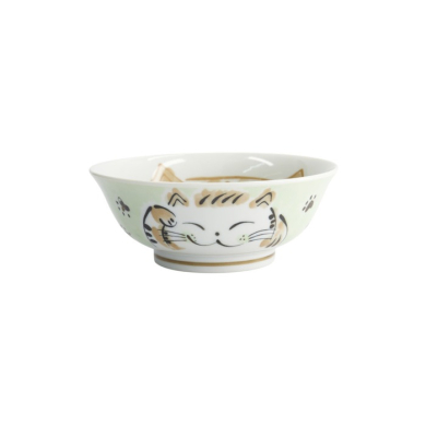 Rice Bowl Fuku Cat Neko Kawaii Green, Porcelain, Ø 20.3 × 8 cm, 1 l, Item No. 16905