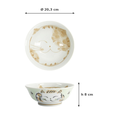 Rice Bowl Fuku Cat Neko Kawaii Green, Porcelain, Ø 20.3 × 8 cm, 1 l, Item No. 16905