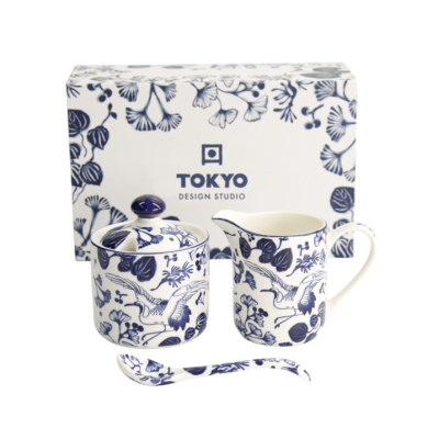 TDS, Milk Jug & Sugar Bowl with Spoon Flora Japonica Blue/White, Porcelain, 150 ml, Item No. 17454