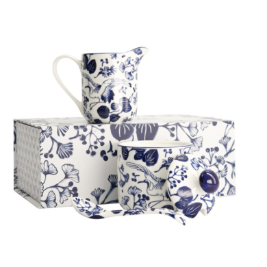 TDS, Milk Jug & Sugar Bowl with Spoon Flora Japonica Blue/White, Porcelain, 150 ml, Item No. 17454