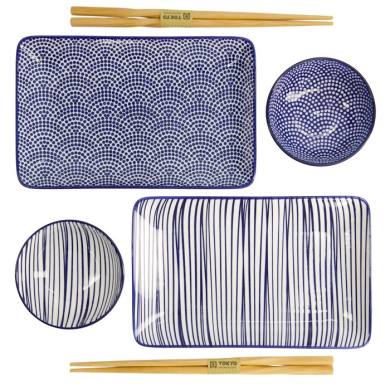 Sushi Set Nippon Blue Lines-Dots White, 6 pcs., Porcelain, Item No. 17991