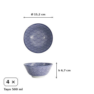 Tayo Bowl Set Nippon Blue, 4 pcs., Porcelain, Ø 15.2 × 6.7 cm, 500 ml, Item No. 18355