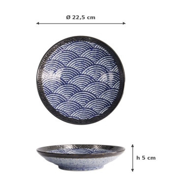 Schale Aisai Seigaiha Blau, Steinzeug, Ø 22,5 × 5 cm, 600 ml, Art.-Nr. 18579