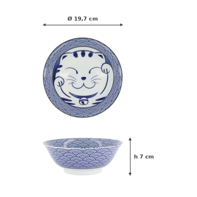 Ramen Bowl Kawaii Lucky Cat Blue, Porcelain, Ø 19.7 × 7 cm, 1 l, Item No. 20952