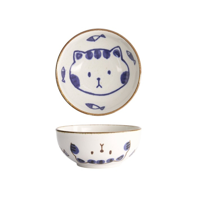 Tokyo Design Studio Bowl Kawaii Cat Neko Blue, Porcelain, Ø 16 × 6.3 cm, 600 ml