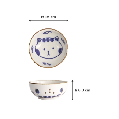 Bowl Kawaii Cat Neko Blue, Porcelain, Ø 16 × 6.3 cm, 600 ml, Item No. 21277