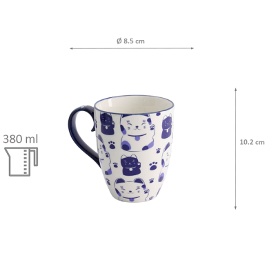 TDS, Kawaii Lucky Cat Mug W/Giftbox Blue Cat, 8.5x10.2cm, 380 ml, Item No. 21528
