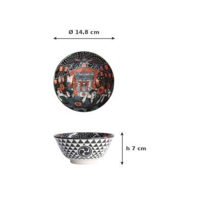 Rice Bowl Asakusa Matsuri Red/Black, Porcelain, Ø 14.8 × 7 cm, 550 ml, Item No. 21553