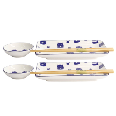 Sushi Set Kawaii Blue Maneko Blue/White, 6 pcs., Porcelain, Item No. 21671