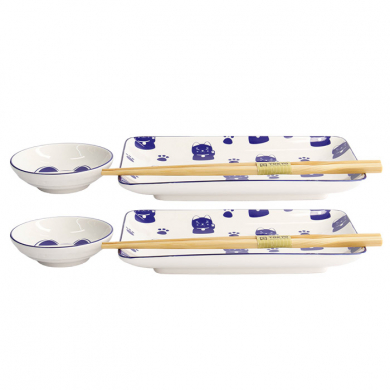 4 w/Chopsticks Kawaii Blue Maneko Sushi Plate Giftset Set at g-HoReCa (picture 3 of 6)