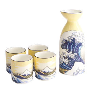 Sake-Set Kawaii Hokusai Weiß/Blau (1 Flasche, 4 Becher), Porzellan, 120/50 ml, Art.-Nr. 21677