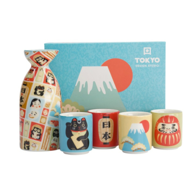 Sake-Set Kawaii Japan Weiß/Blau (1 Flasche, 4 Becher), Porzellan, 120/50 ml, Art.-Nr. 21681