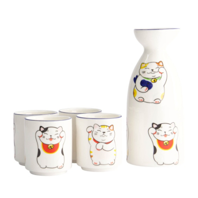 Sake-Set Kawaii Lucky Cat Weiß/Rot (1 Flasche, 4 Becher), Porzellan, 120/50 ml, Art.-Nr. 21689