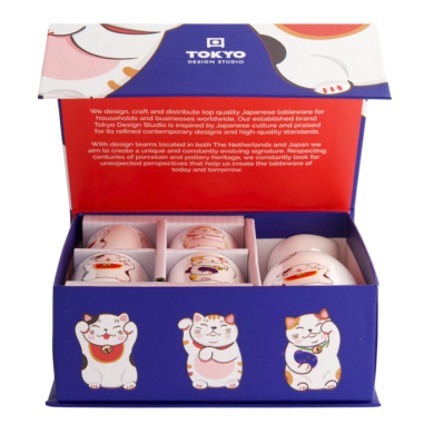 Sake-Set Kawaii Lucky Cat Weiß/Rot (1 Flasche, 4 Becher), Porzellan, 120/50 ml, Art.-Nr. 21689