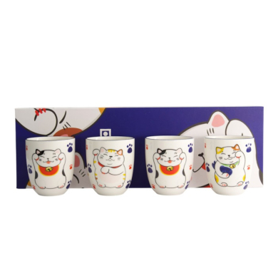 Becher-Set Kawaii Lucky Cat Weiß, 4-tlg., Porzellan, Ø 7 × 8 cm, 170 ml, Art.-Nr. 21774