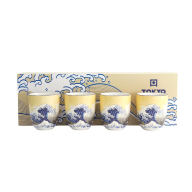 Becher-Set Kawaii Hokusai Blau/Gelb, 4-tlg., Porzellan, Ø 7 × 8 cm, 170 ml, Art.-Nr. 21907