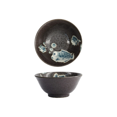 Tokyo Design Studio Rice Bowl Kawaii Blowfish Brown (Blue/Black), Porcelain, Ø 15 × 7 cm, 500 ml