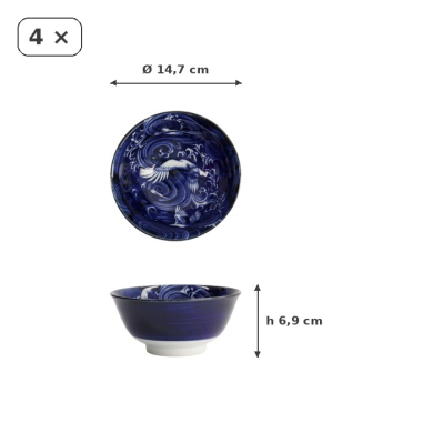 Bowl Set Japonism Blue, 4 pcs., Porcelain, Ø 15 × 7 cm, Item No. 22013