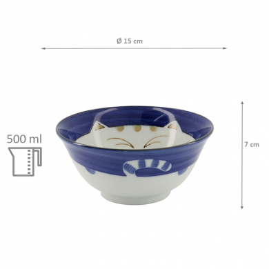 TDS, Tayo Bowl, Kawaii Cat Neko, Blue, Ø 15 x 7 cm 500 ml - Item No. 2220