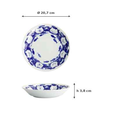 Shallow Bowl Neko Maruke Cat Blue/White, Porcelain, Ø 20.7 × 3.8 cm, Item No. 22293