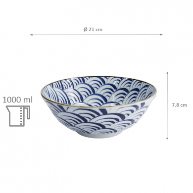 TDS, Ramen Bowl, Natsu Nami, Blue/White, Ø 21 x 7.8 cm 1000ml - Item No. 22337