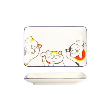 Tokyo Design Studio Sushi-Platte Kawaii Lucky Cat Weiß/Rot, Porzellan, 21 × 13,5 cm