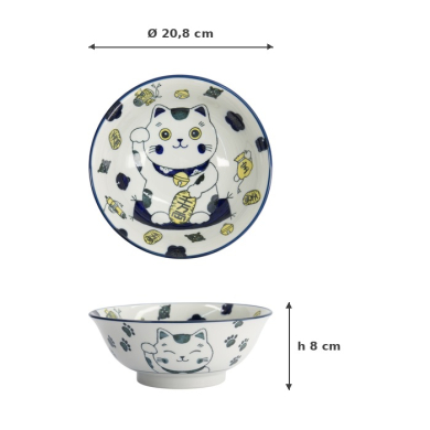 Ramenschale Kawaii Lucky Cat Neko Blau, Porzellan, Ø 20,8 × 8 cm, 1 l, Art.-Nr. 33010