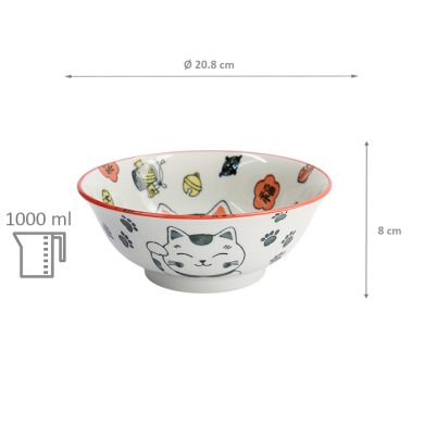 TDS, Ramen Bowl, Kawaii Lucky Cat Neko, Red,  Ø 20.8 x 8cm, 1000ml - Item No. 33011