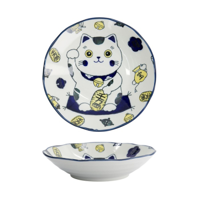 Tokyo Design Studio Pastateller Kawaii Lucky Cat Neko Blau, Porzellan, Ø 21 × 5 cm